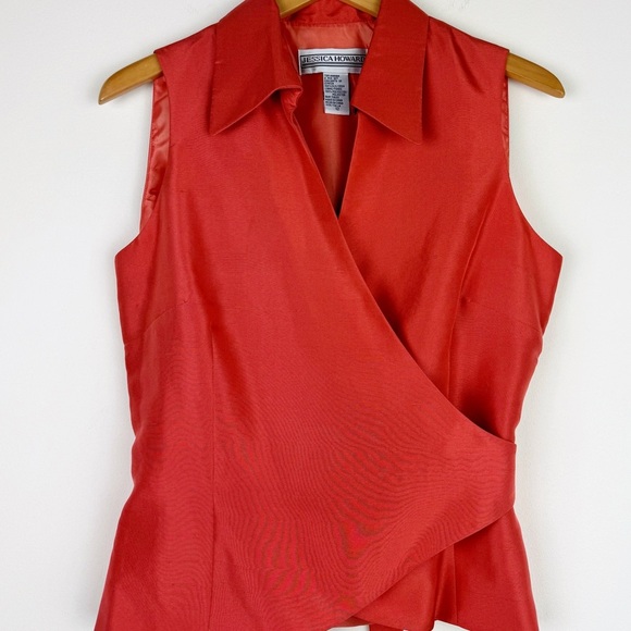 Jessica Howard Vintage Coral Silk Wrap Blouse - Picture 4 of 10